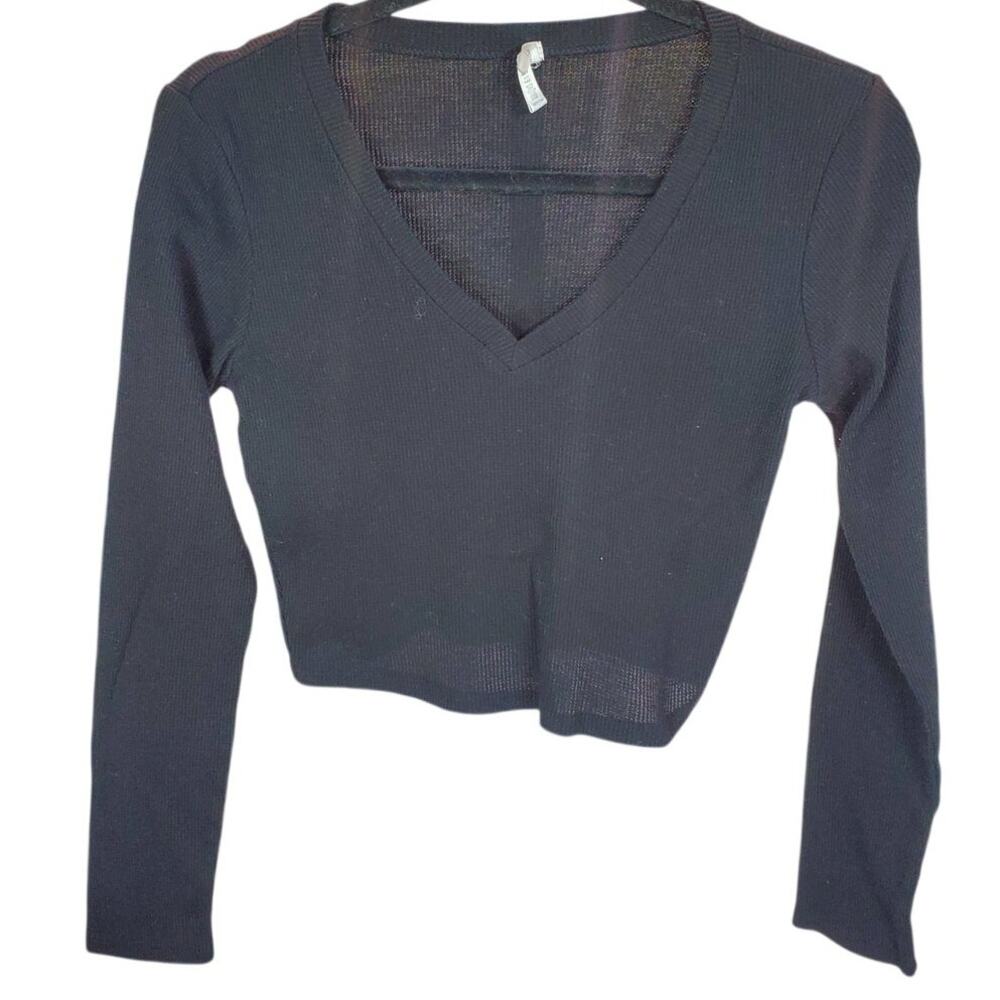 Bozzolo Black V-Neck Long Sleeve Ribbed Crop Top M
